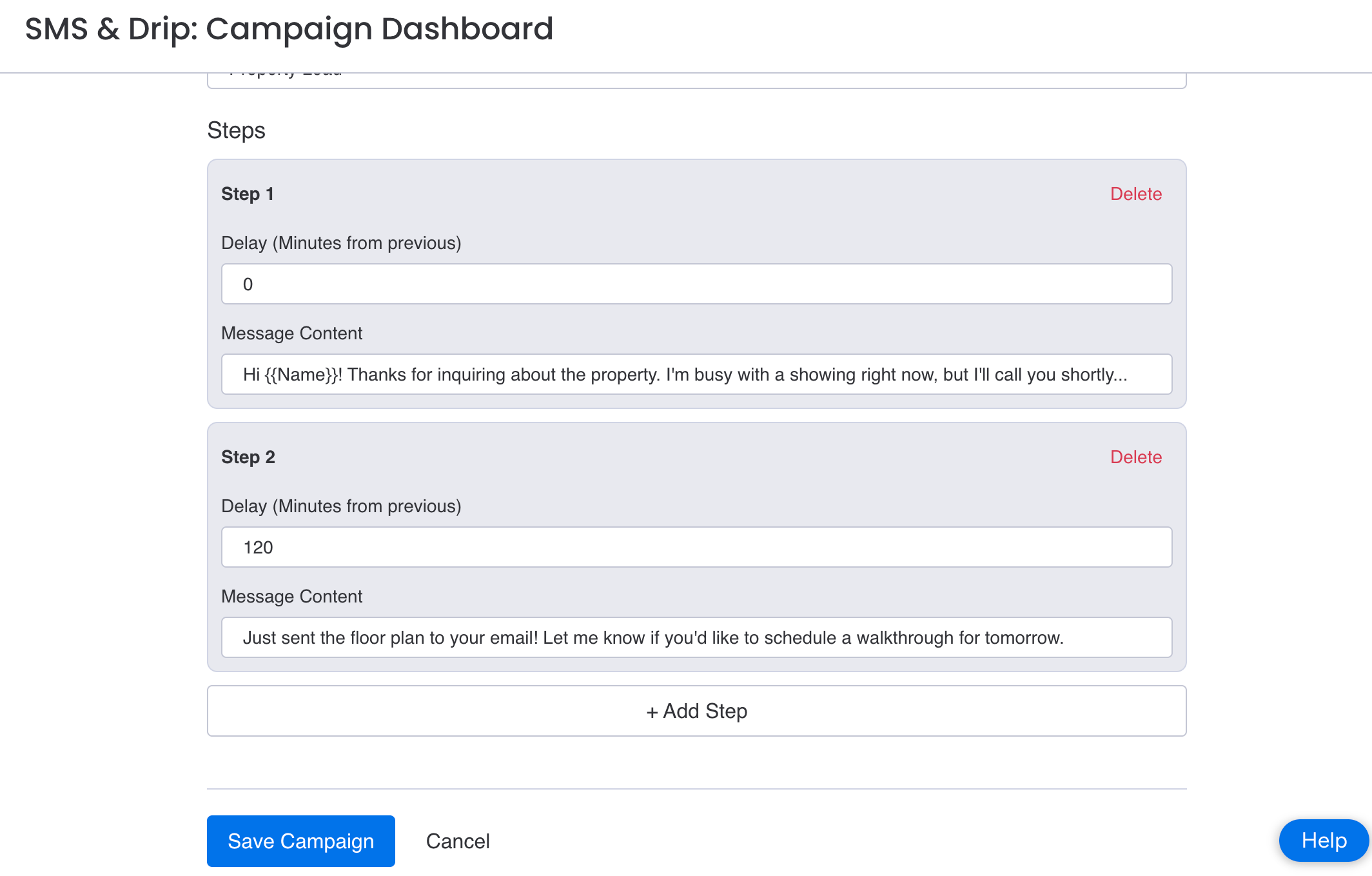 SMS & Drip Campaign Builder Interface